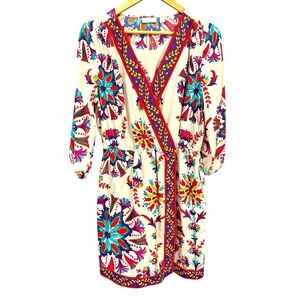 New York and Co Faux wrap dress floral, boho  print Farm Rio look alike Size L